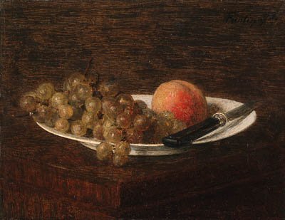 Nature morte, pche et raisin