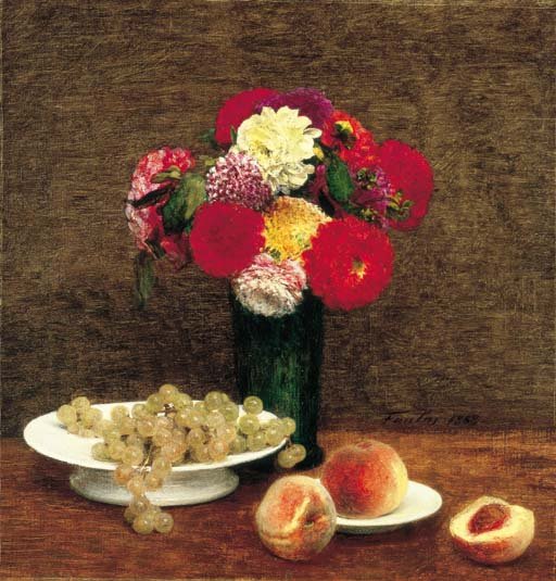 Nature morte Dahlias, raisins et peches